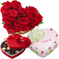 Gift of Roses with Heart Shaped Chocolate Box N Love Cake