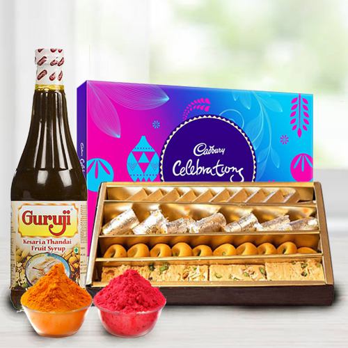 Assorted sweets with Thandai and Cadburys Celebration