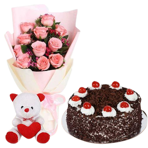 Cute Pink Roses with Cake n Teddy Bear