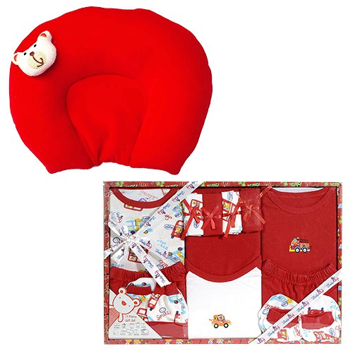 Wonderful Combo of New Born Red Dress Set N Neck Supporting Pillow