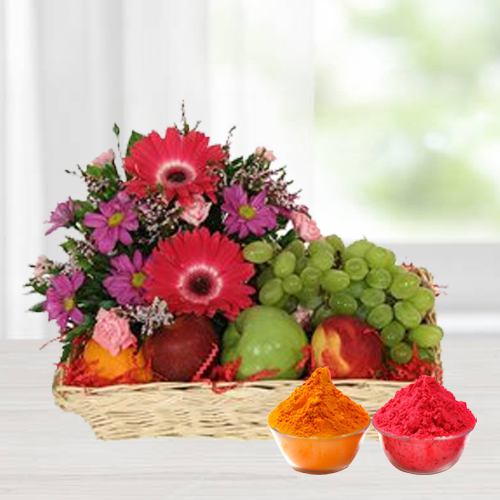 Alleviating fresh Fruit Basket added with stunning Flowers