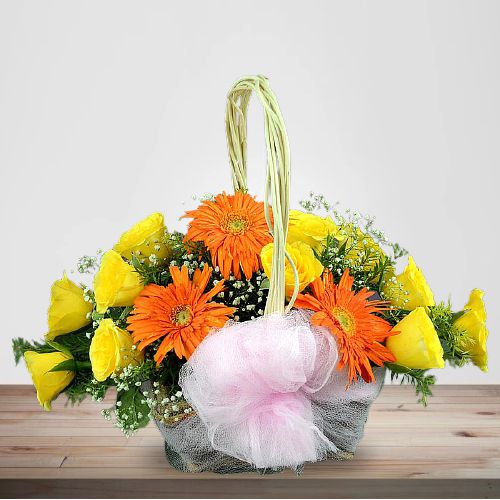 Ravishing Yellow Roses n Orange Gerberas Basket