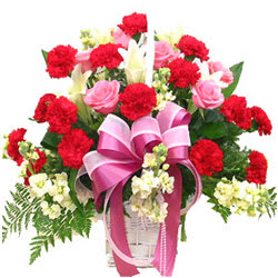 Romantic Pink Roses and Red Carnations in a Basket<br>
