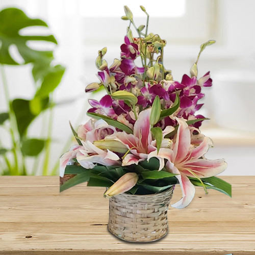 Lovely Pink Oriental Lilies n Purple Orchids Arrangement