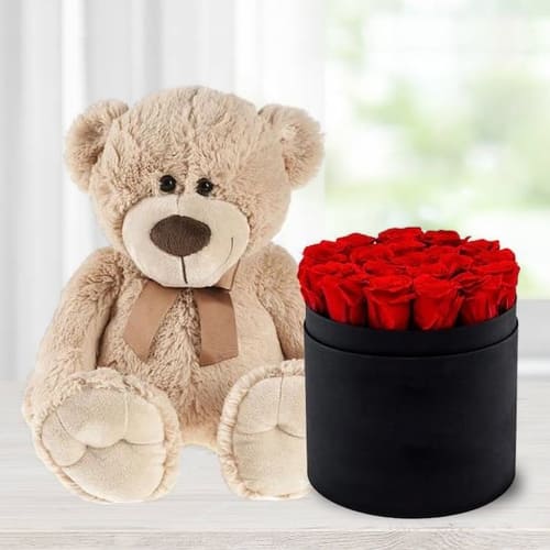 Exquisite Red Roses in Black Hat Box with Cute Teddy