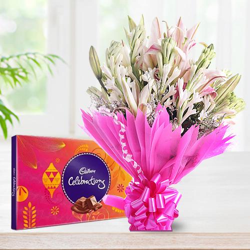 Amusing Lilies N Gladiolus Bouquet with Cadbury Celebration Pack
