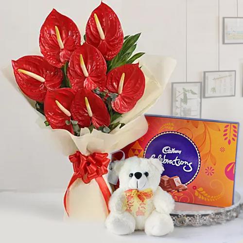 Wonderful Anthodium Bouquet Chocolates n Teddy Gift Combo