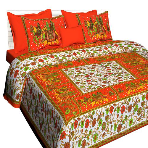 Beautiful Floral Theme Rajasthani Print Queen Size Bed Sheet N Pillow Cover