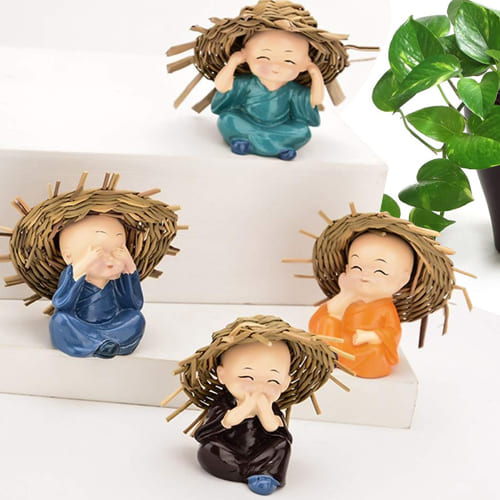 Attractive Set of 4 Baby Hat Monk Buddha Polyresin Idol