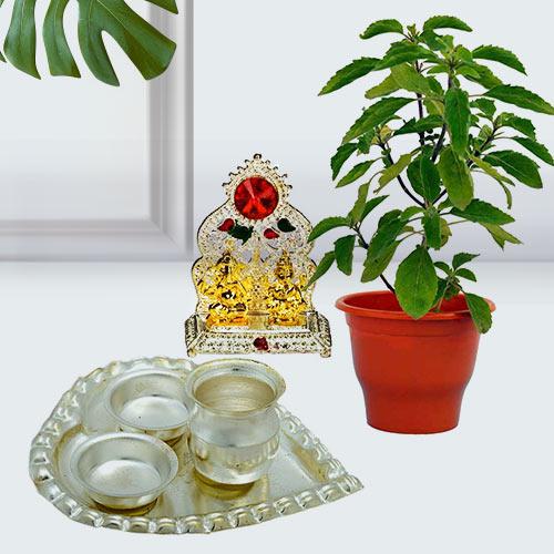 Evergreen Tulsi Plant with Ganesh Laxmi Mandap N Puja Thali