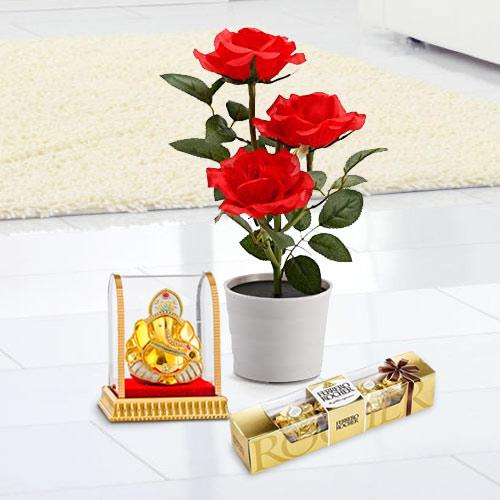 Flowering Plant Gift with Ganesh Idol N Sweet Delight
