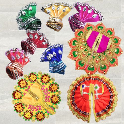 Marvelous 3 Pcs Poshak Set with 6 Pcs Pagdi for Laddu Gopal<br><br>