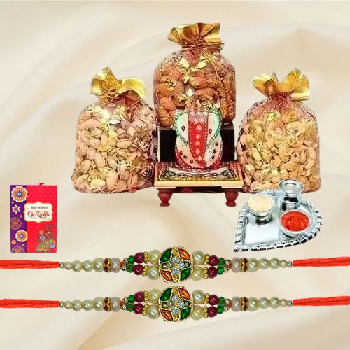 Fancy Stone Rakhis with Dry Fruits Marble Ganesha n Paan Shaped Thali