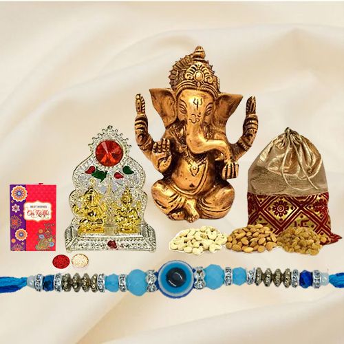 Fancy Evils Eye Rakhi with Dry Fruits Potli Vinayak Murti n Mandap