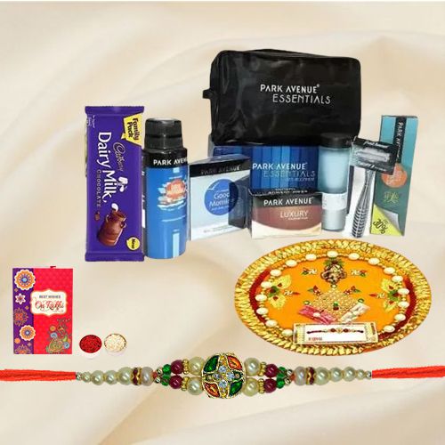 Fancy Stone studded Rakhi Chocolate Thali N Park Avenue Mens Grooming Kit