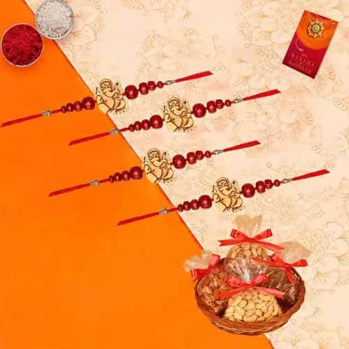 Traditional Set of 4 Ganesh Rakhi with Dry Fruits Basket