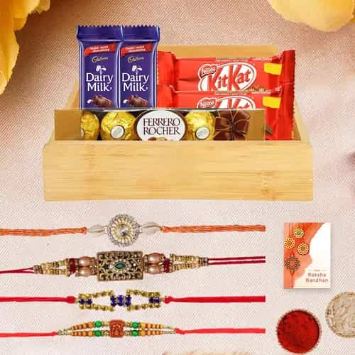 Elegant Bead n Rudraksha Rakhi with Assorted  Chocolates n Cashews