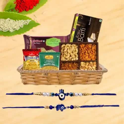 Fancy Rakhi Pair with Sweets Snacks n Assorted Dry Fruits