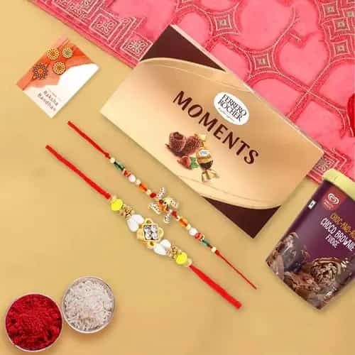 Designer Rakhi Pair with Ferrero Rocher N Kwality Walls Ice Cream