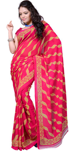 Enticing Red Coloured Georgette Saree with Striped Print Design