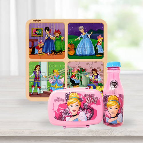 Alluring Disney Cinderella Lunch Box n Water Bottle with Wooden Puzzle Combo