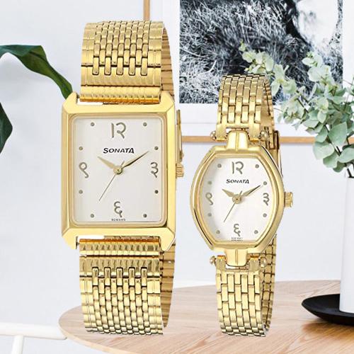 Alluring Analog Gold Dial Couple Watch from Sonata